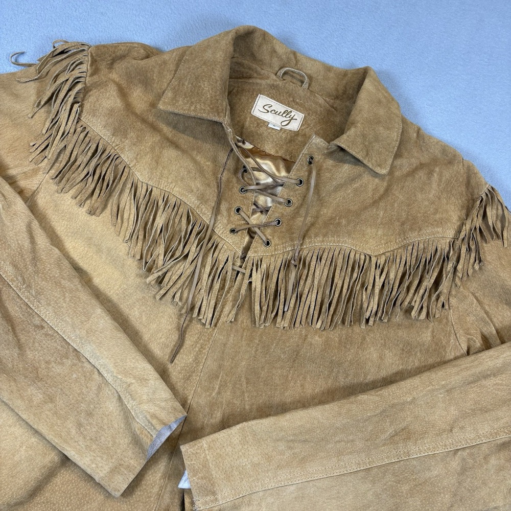 Scully Boar Suede Leather Jacket Mens L Tan Western Fringe Lace Up Cowboy Rodeo